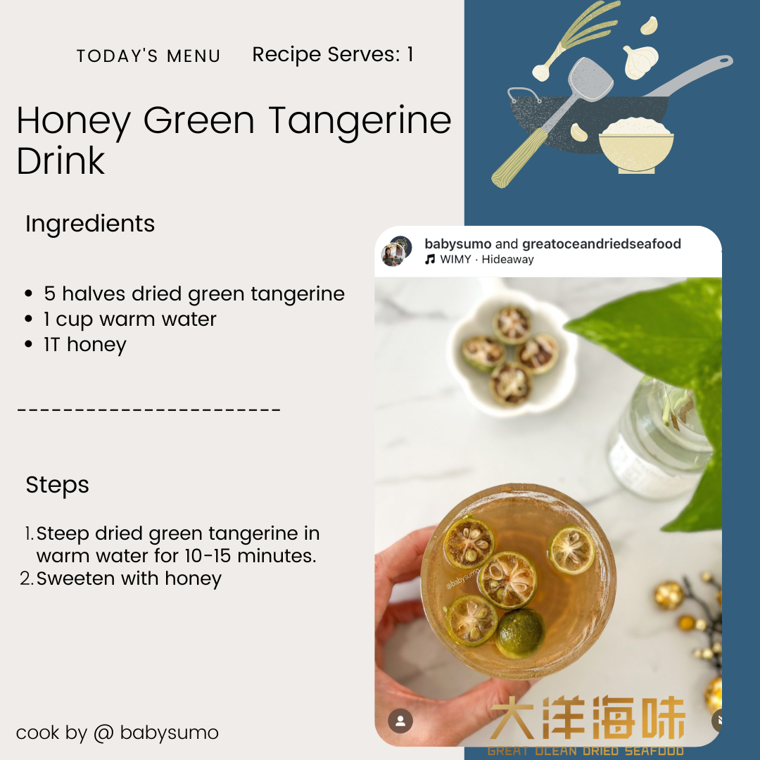 English recipe card for a honey green tangerine drink|小青柑蜜糖水英文食谱