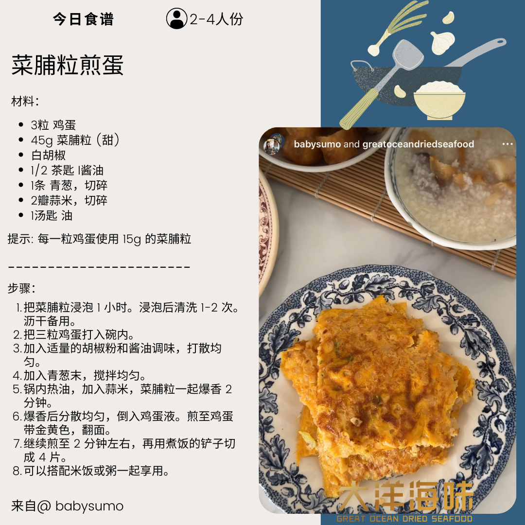 Chinese recipe card for preserved radish omelette|菜脯粒煎蛋中文食谱