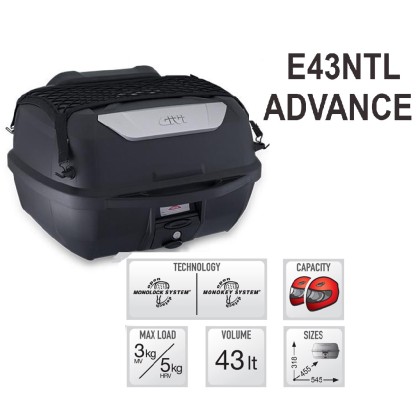 Givi Topcase E43NMAL 43 Litres Monolock Pour Moto - Avec Plaque Et Kit De Montage