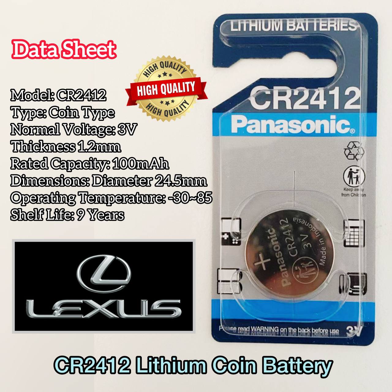 Panasonic CR2412 Lithium Battery Coin Battery Non Toxic Mercury Free For Luxes Card Key ,Watches, Me