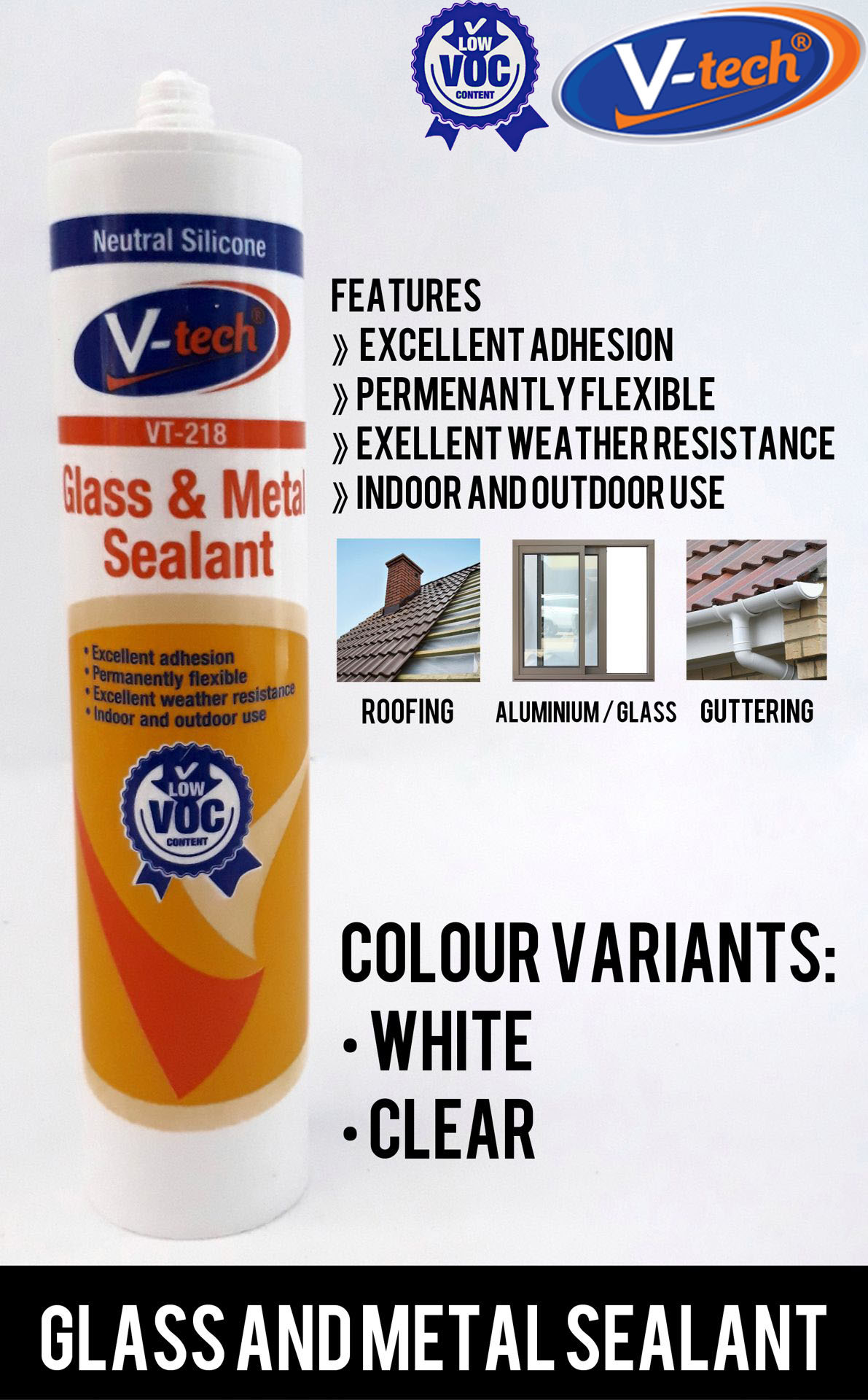 Vtech Glass & Metal Silicone Sealant VT-218 White , Clear For Aquarium, Basin Bathroom , Ceramic Til