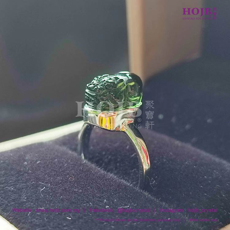 HOJB Authentic Moldavite Prosperity Pi-Xiu S925 Ring 8x12mm 
