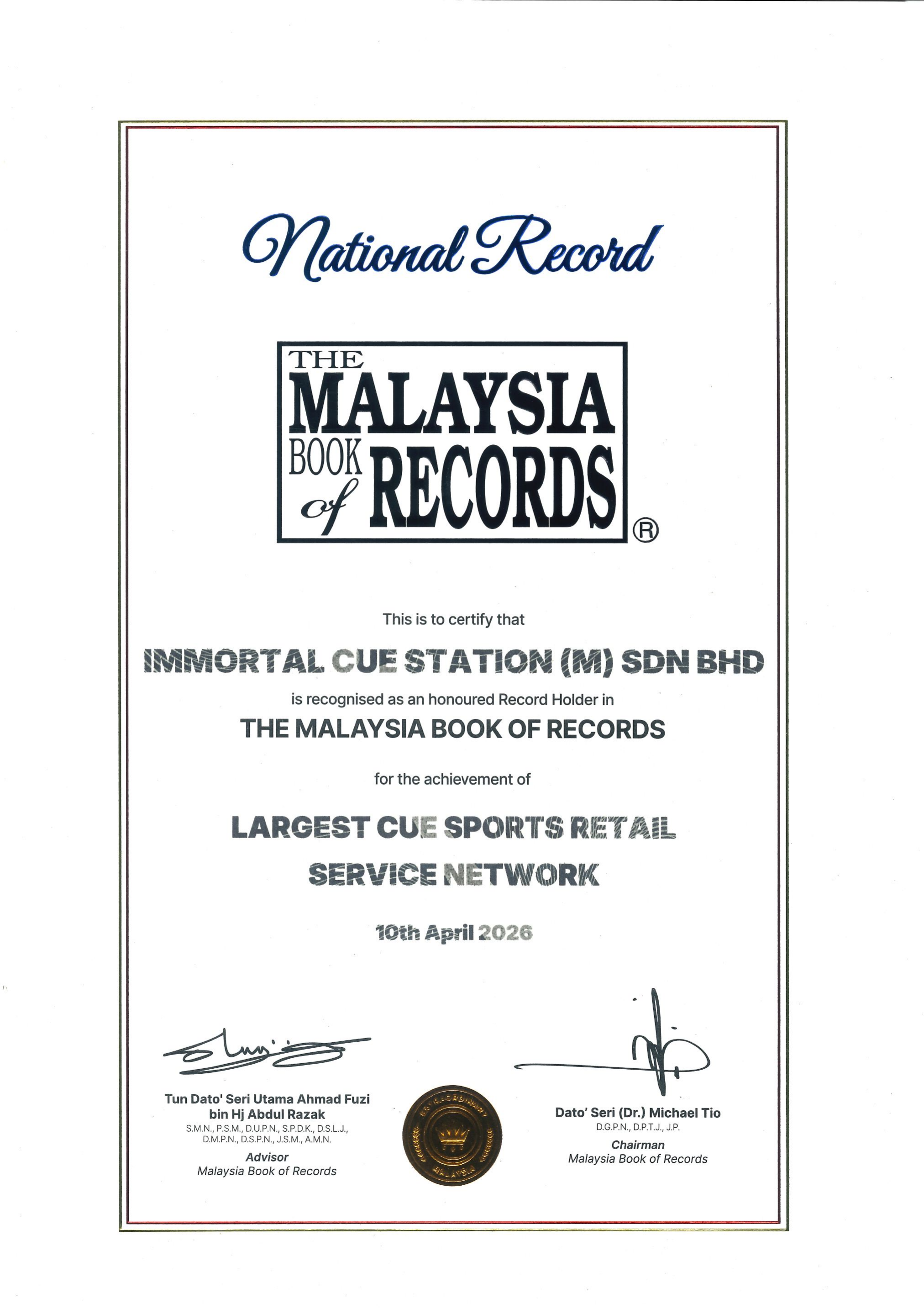 National Record — Largest Cue Sports Retail Service Network
