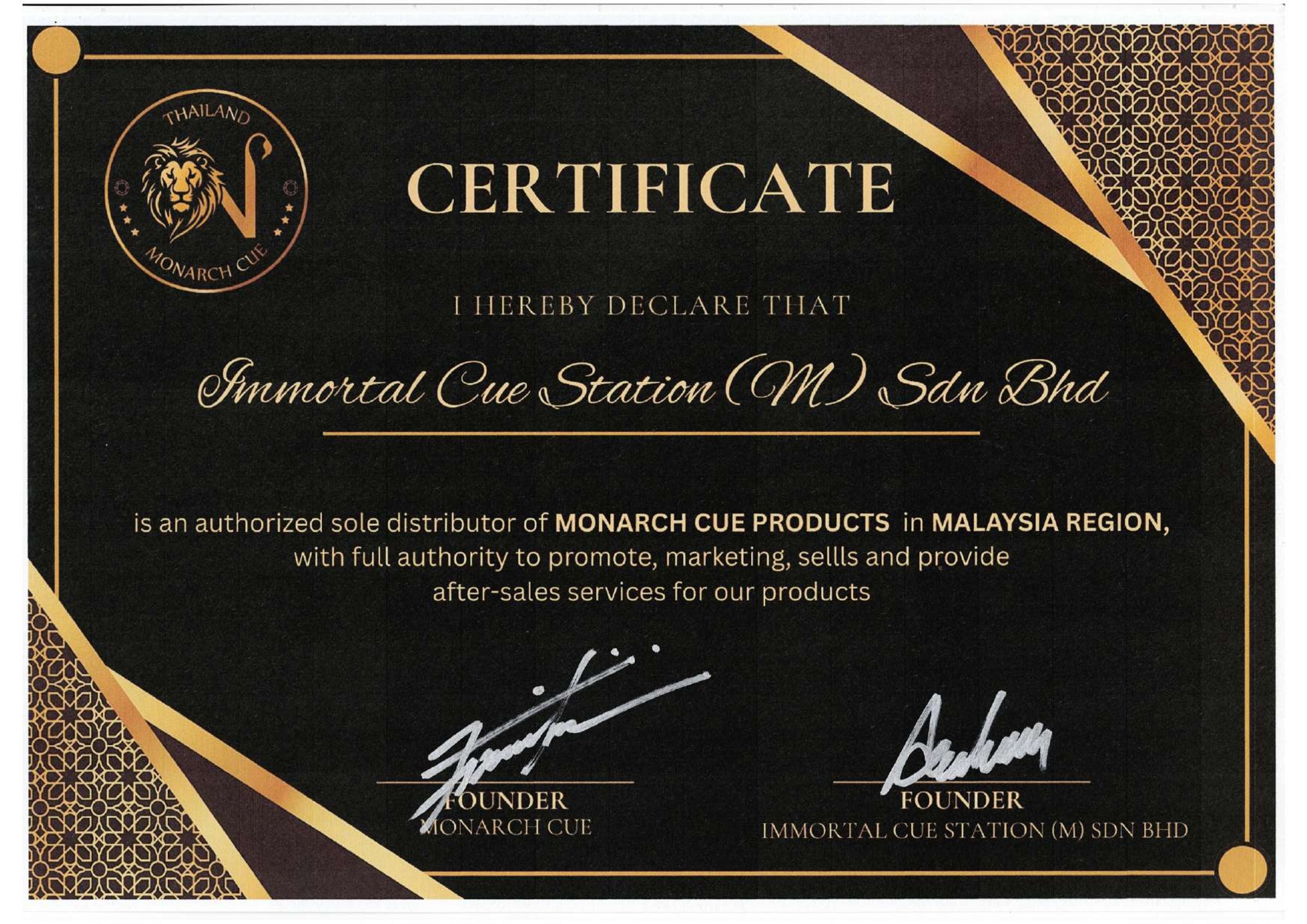 O'Min Cues dealer certificate