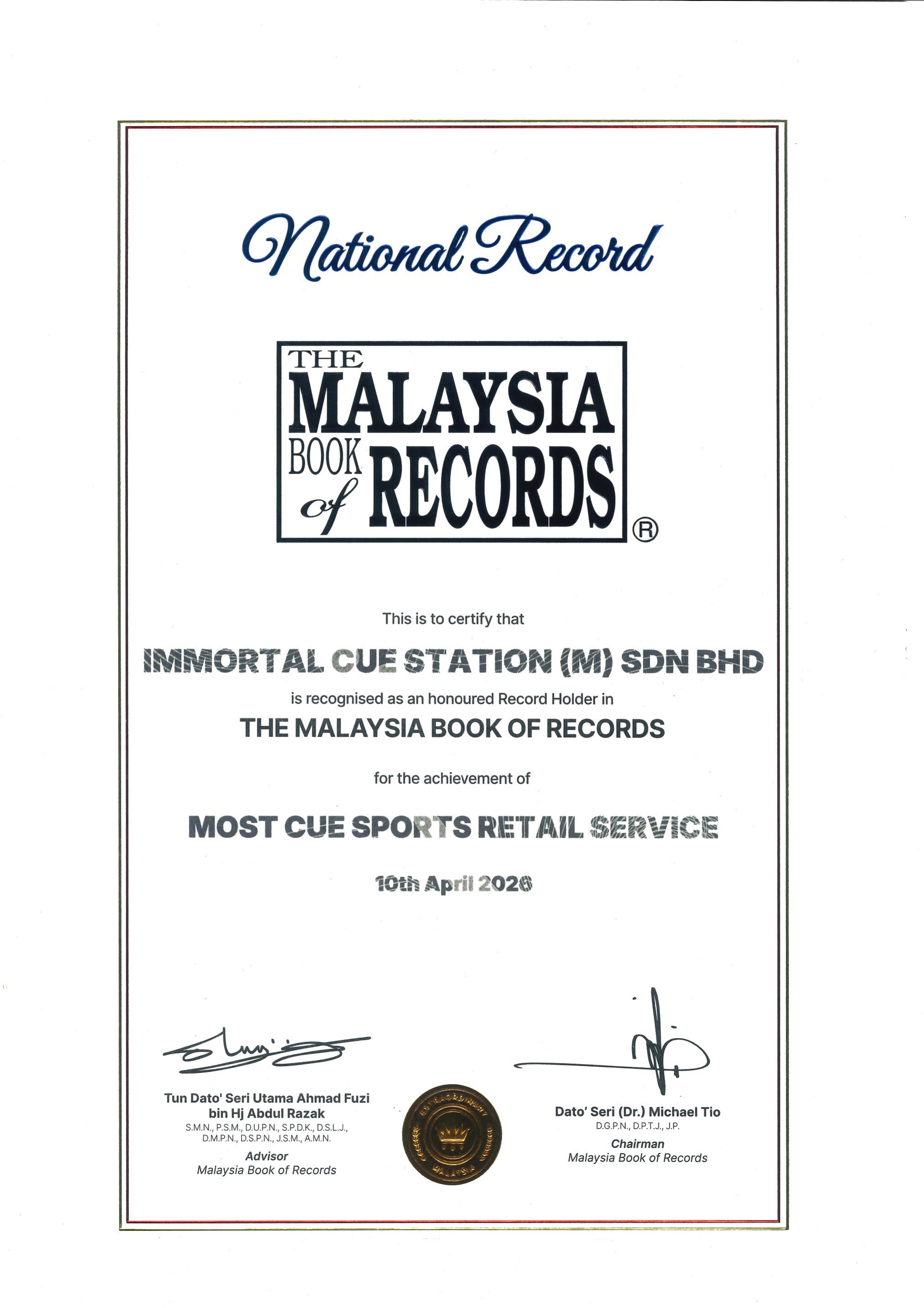 National Record — Most Cue Sports Retail Service