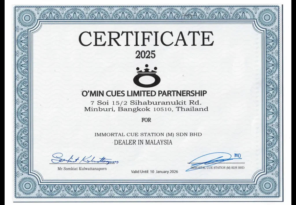 O'Min Cues dealer certificate