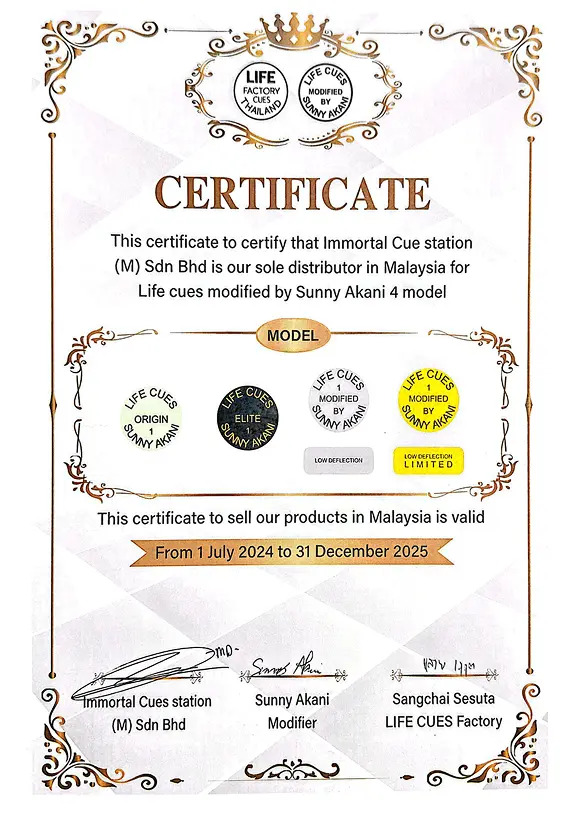 Life Cues sole distributor certificate