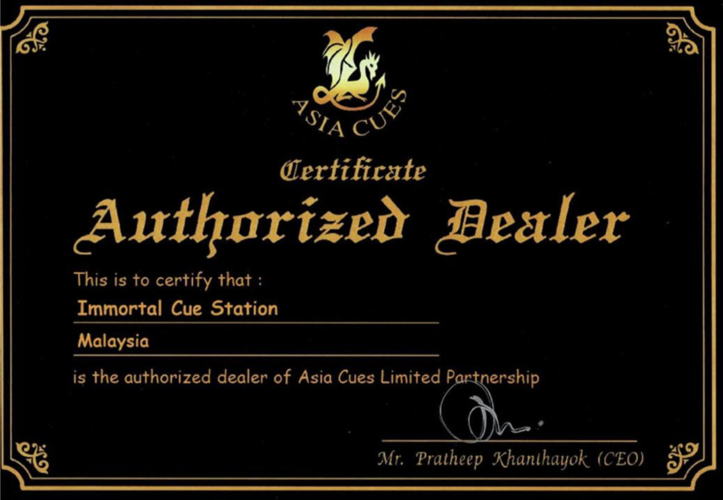 Asia Cues authorized dealer certificate