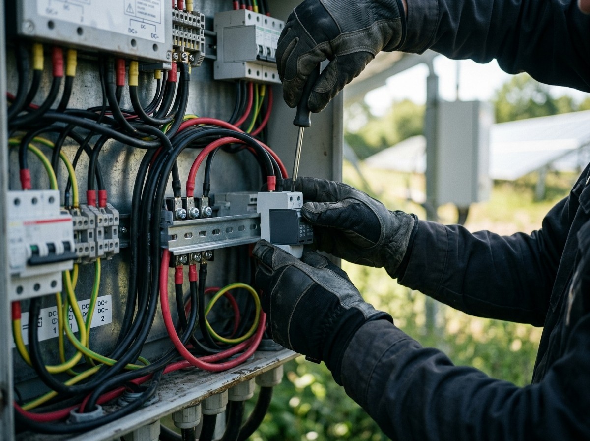 Open rooftop combiner box on an array frame with fuse holders and isolator, DC cables running to the modules