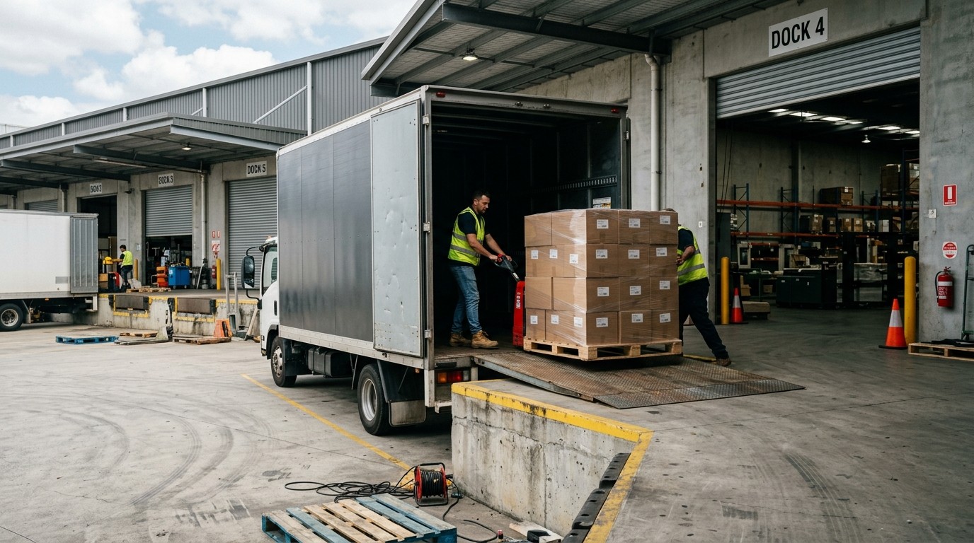 Two workers moving a pallet of boxes from a truck onto a loading dock with roller shutters behind
