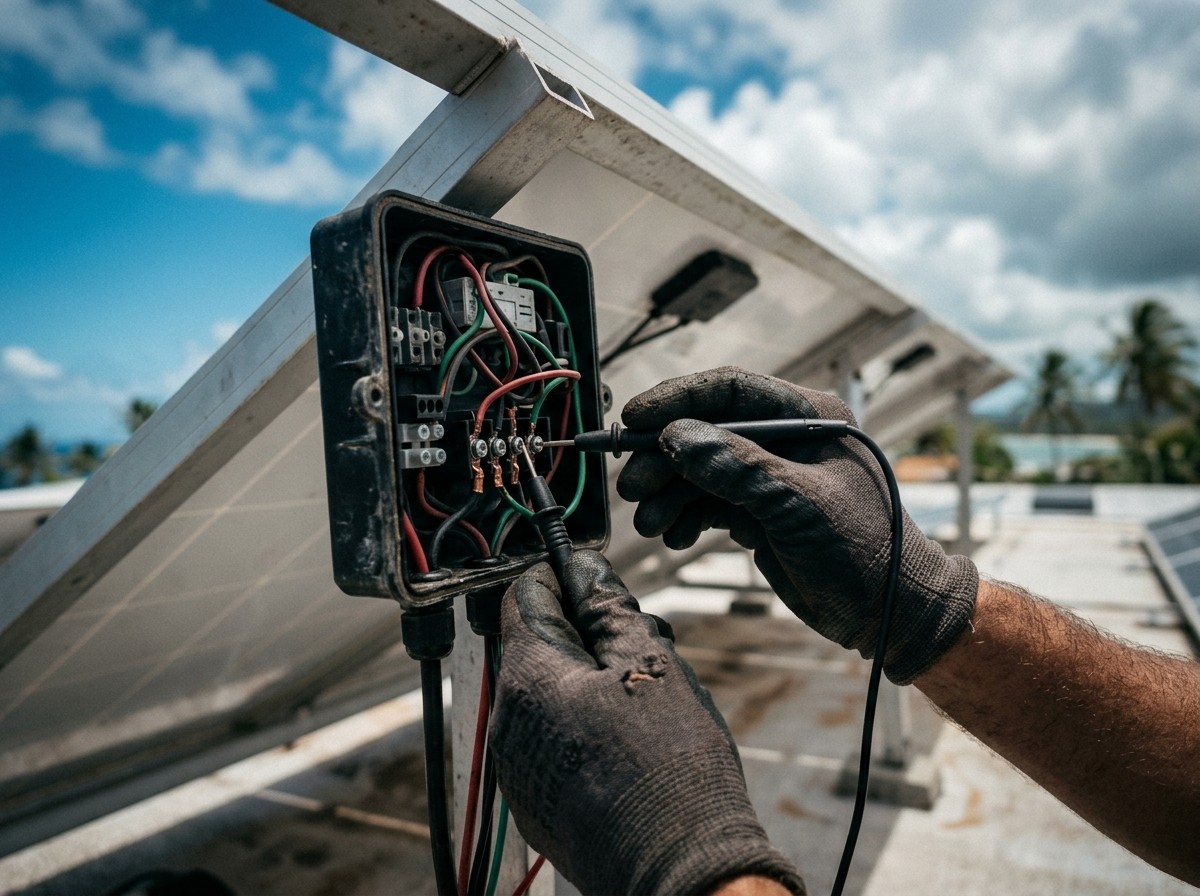 String cabling gathered into looms and clipped along a roof between rows of solar modules