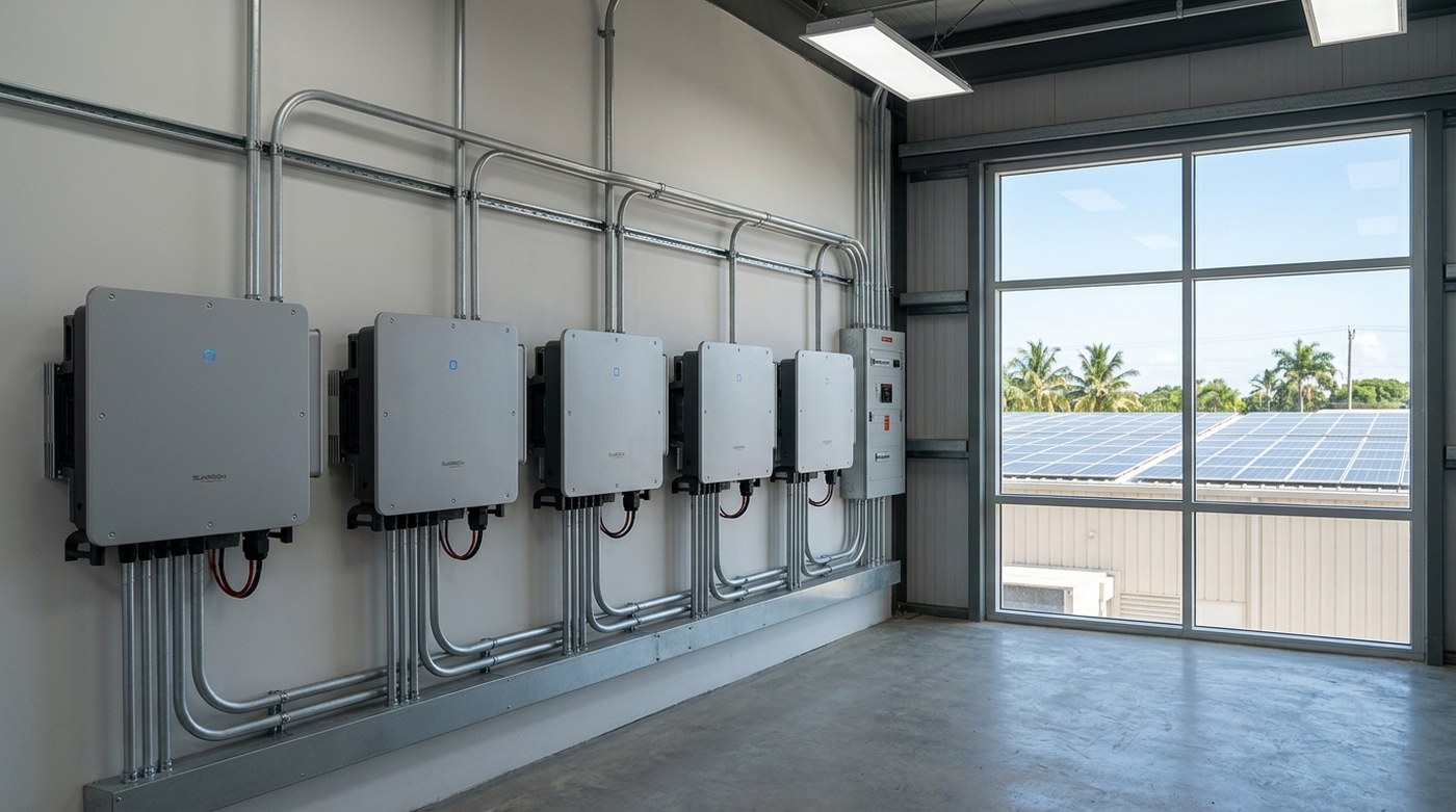 Neatly installed and energized commercial solar inverters in a Malaysian plant room