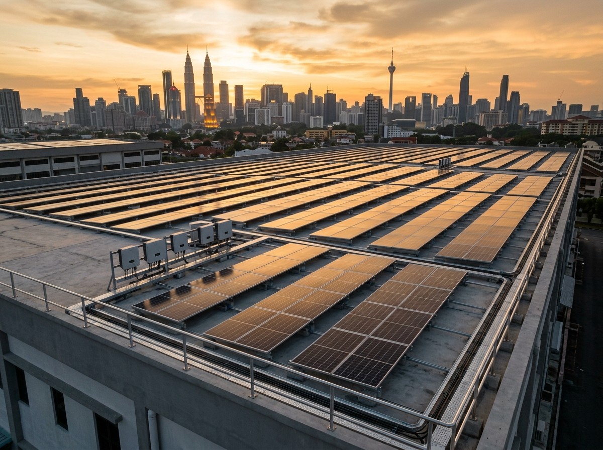 Hands signing a commissioning report on a clipboard at a parapet with a solar array behind