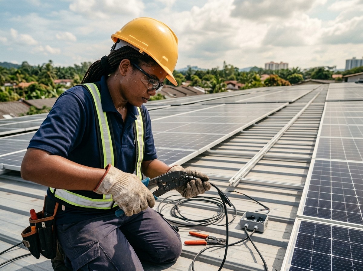 Paired DC connectors and dressed cable runs under a rooftop solar array with a city skyline behind