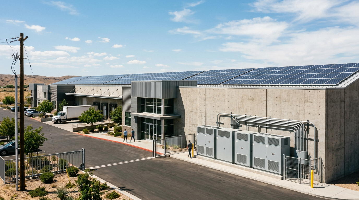 Commercial building with a solar-covered roof and a row of storage cabinets and conduit at ground level