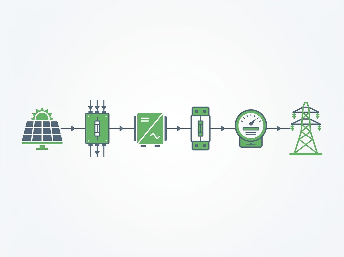 Solar energy path from PV modules through combiner, inverter, protection and meter to the TNB grid