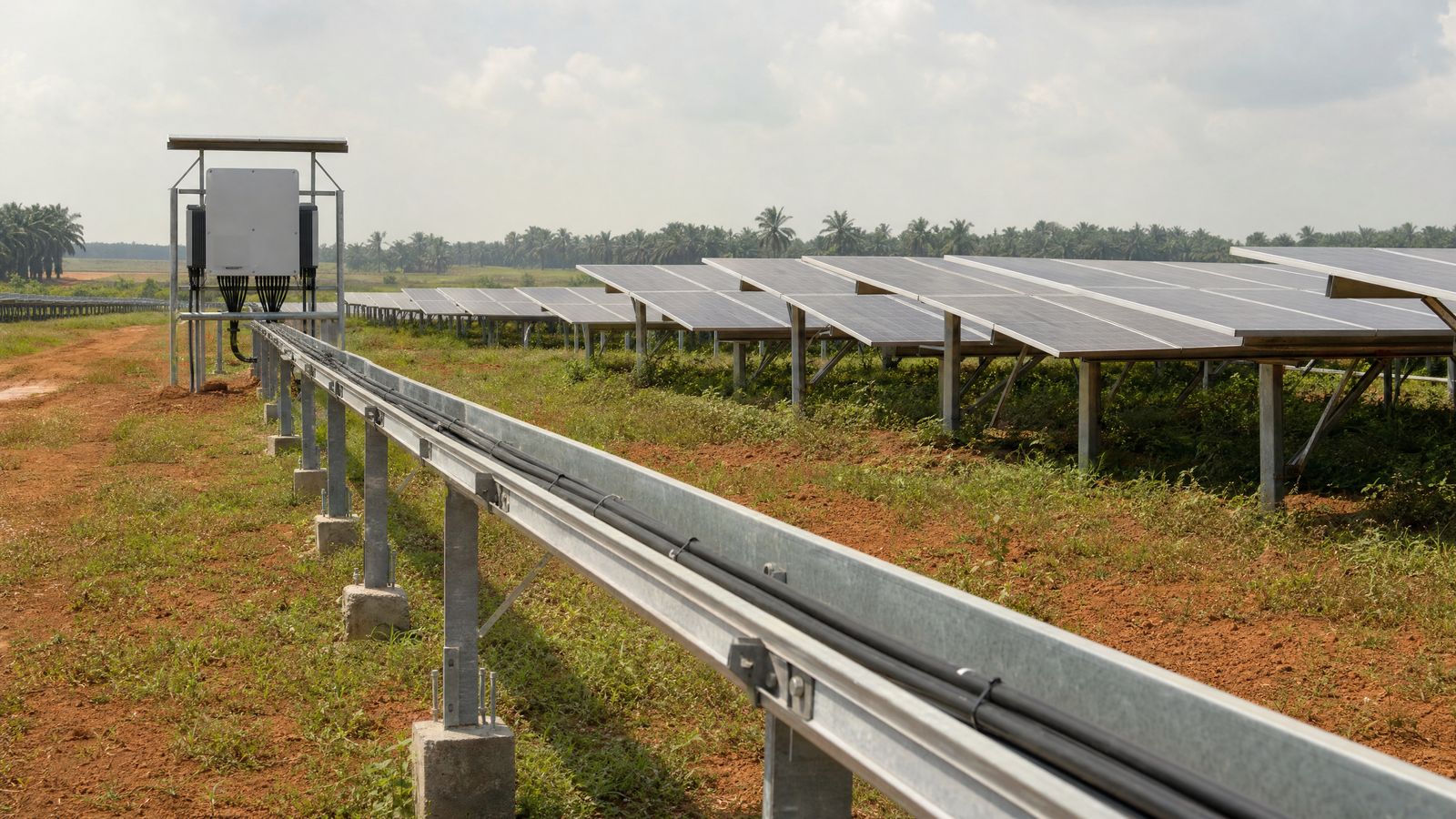 Ground-mounted solar plant in Malaysia with DC cable tray running along the row ends to a string inverter