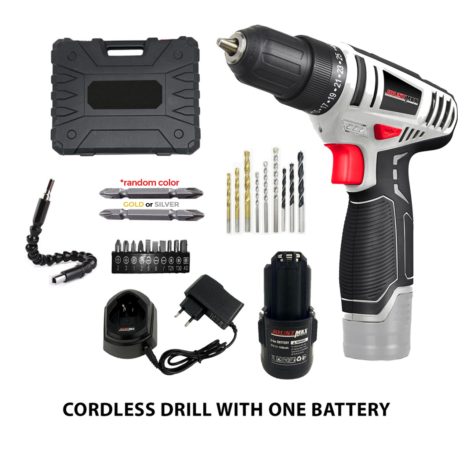 [ JST-21006-L ] JOUSTMAX 12V 10mm Rechargeable Cordless Drill Drilling Screwing Tool Set
