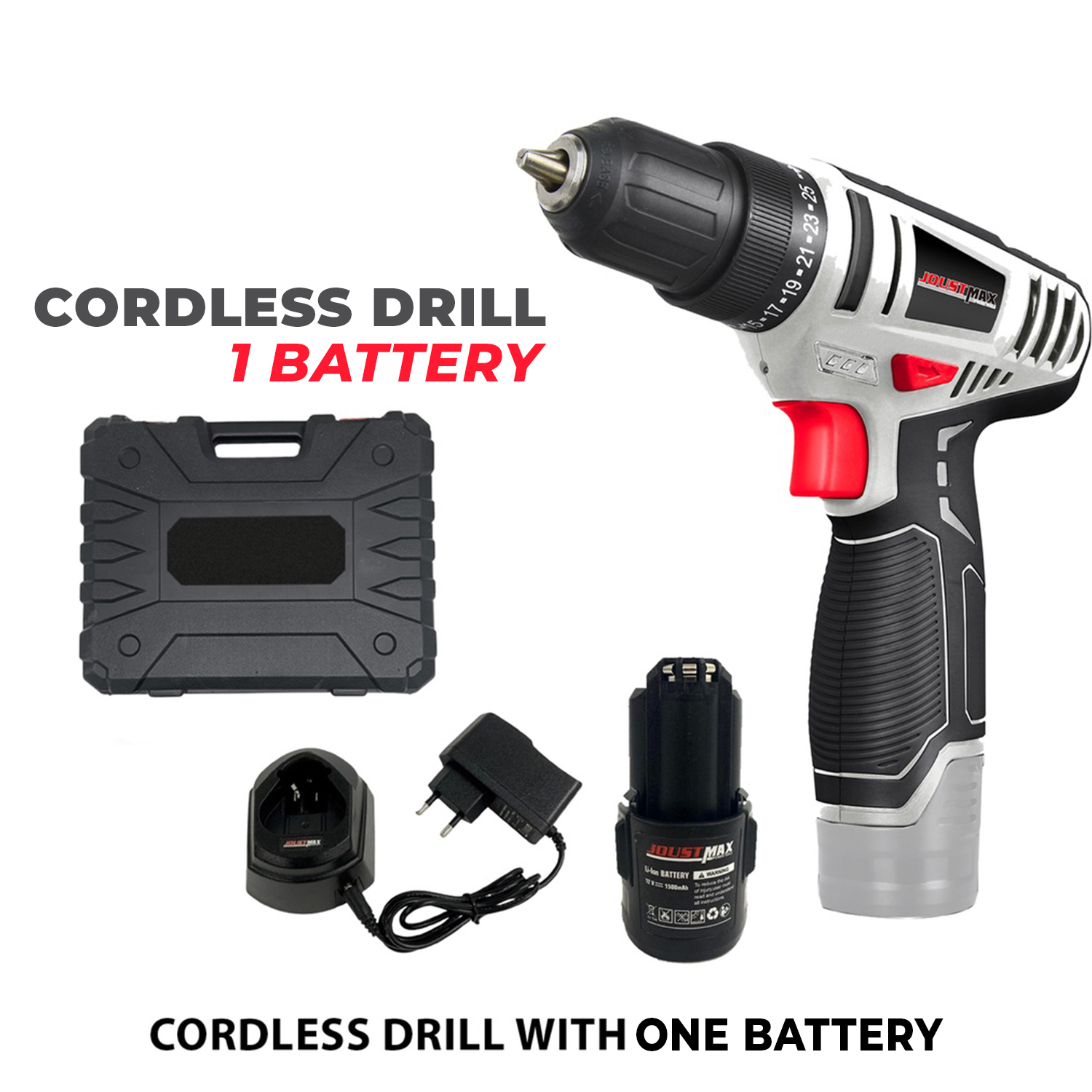 [ JST-21006-L ] JOUSTMAX 12V 10mm Rechargeable Cordless Drill Drilling Screwing Tool Set