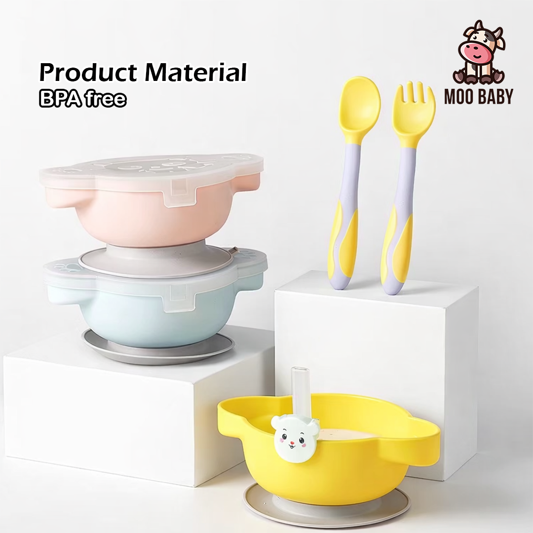 Moo Baby Yellow Cat Silicone Suction Bowl Set – Baby Food Grade Feeding ...