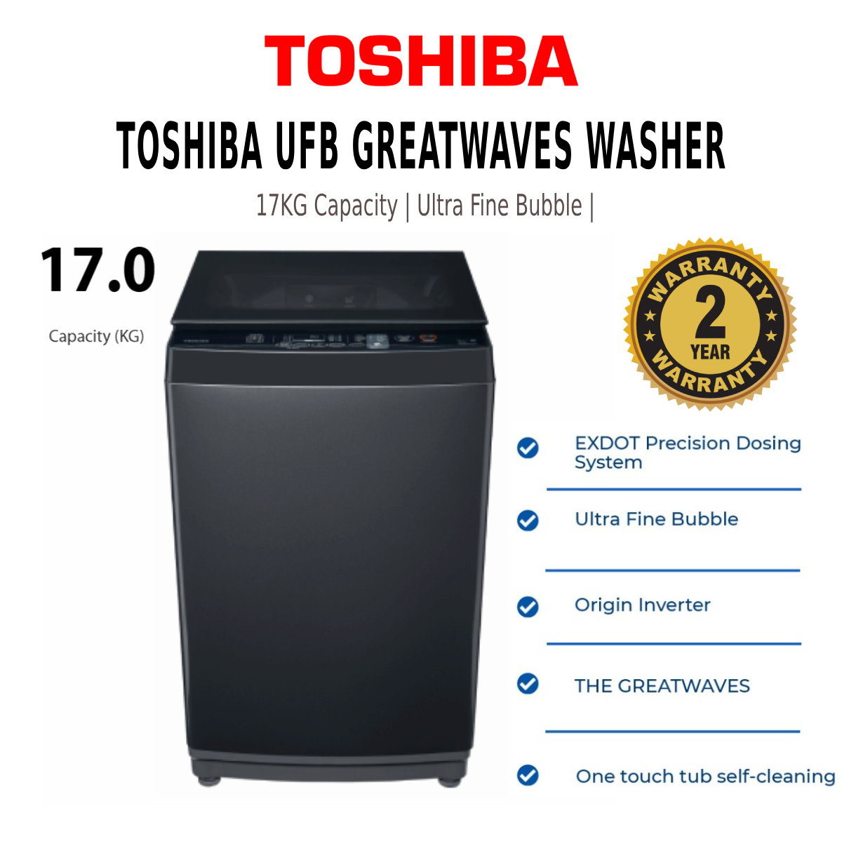 Toshiba AW-DUM1800MM(SG) 17.0 KG UFB GREATWAVES WASHER
