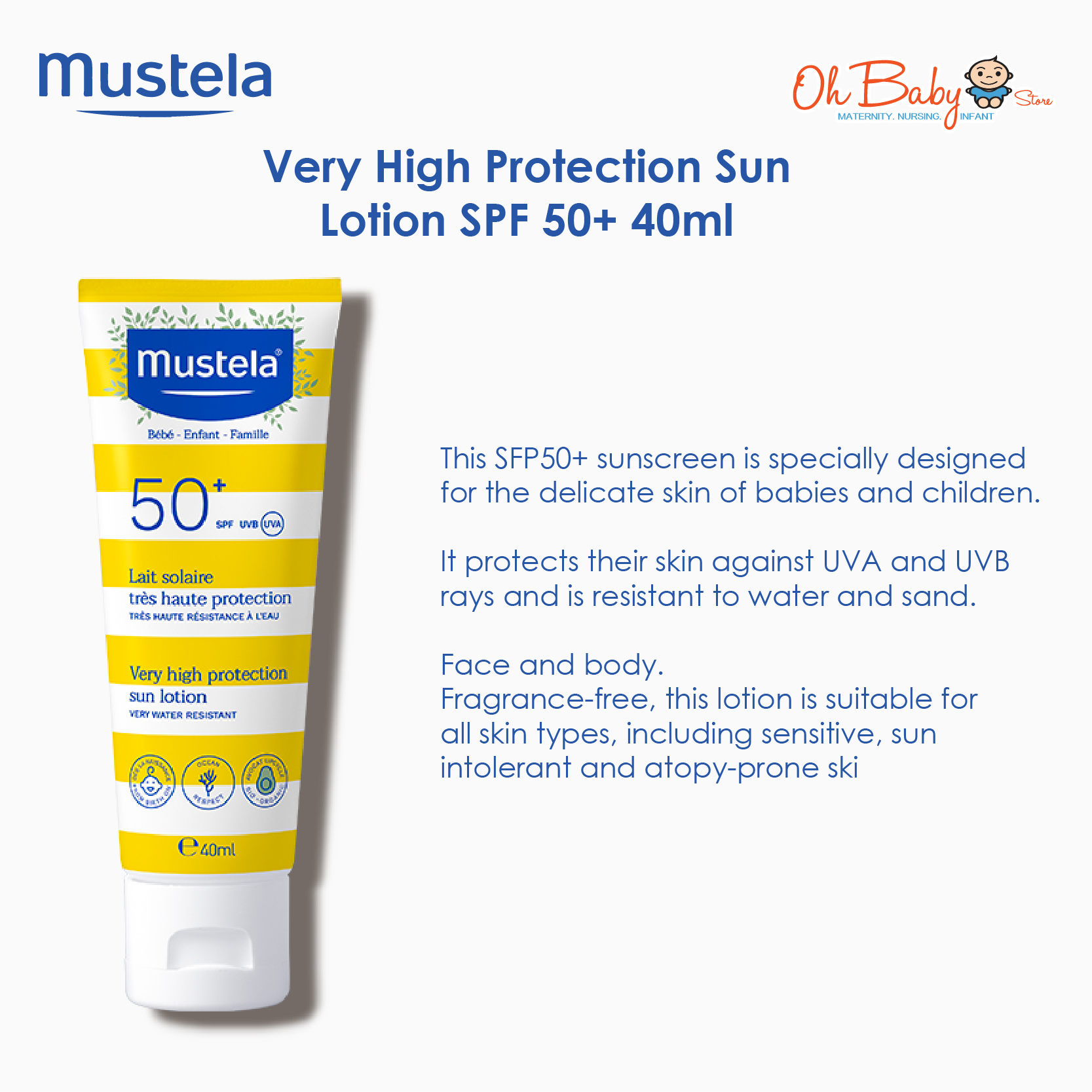 Mustela Very High Protection Sun Lotion SPF 50++ (40ml) Oh Baby