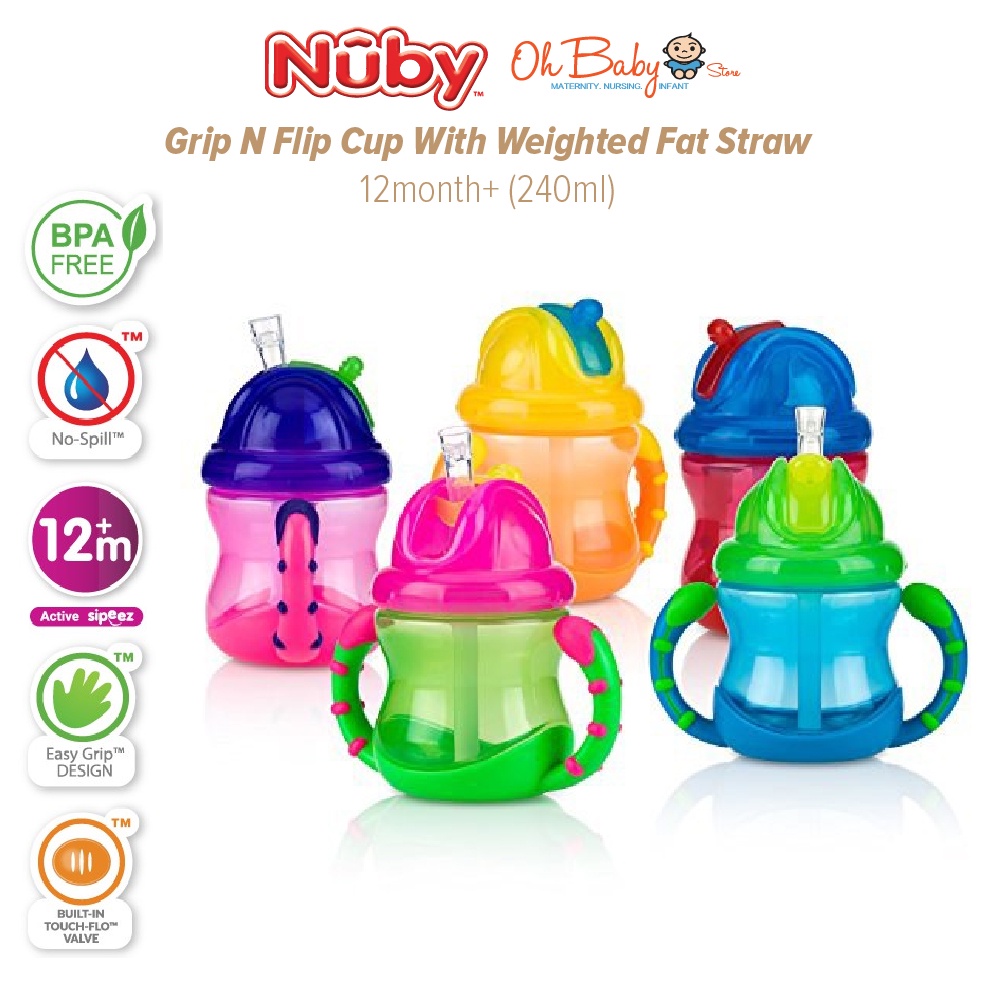 Nuby Grip And Sip Flip-It Fat Straw Cup (12m+) (240ml) Oh Baby