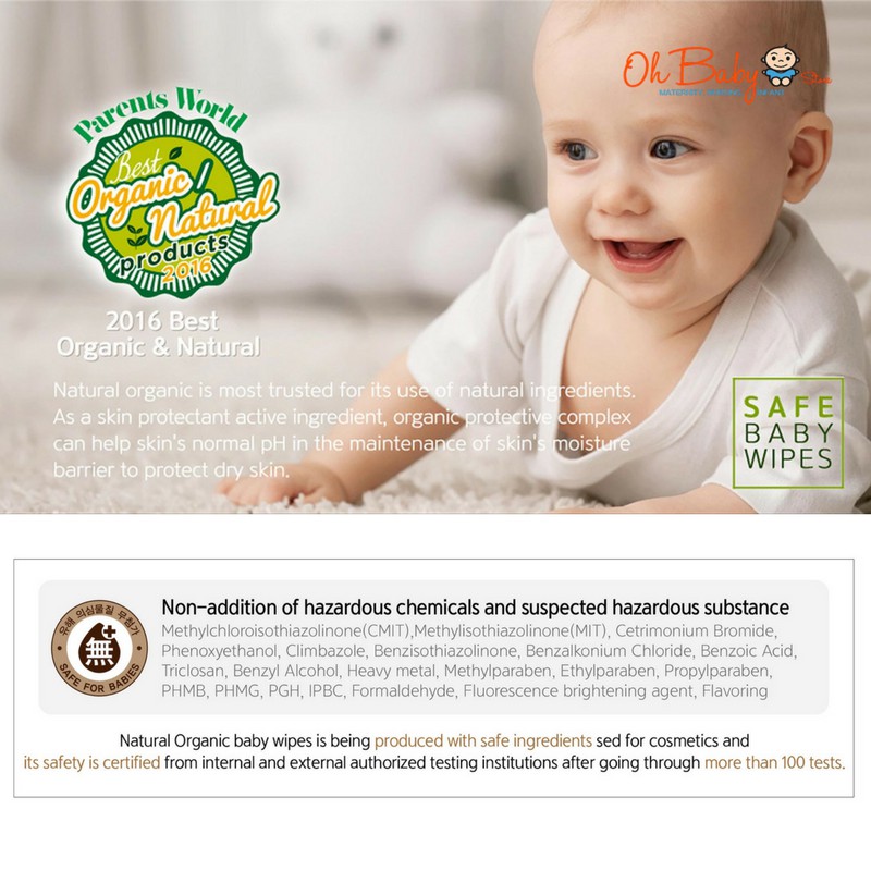 Natural Organic Baby Wipes Original Plain with Cap (100's x 10