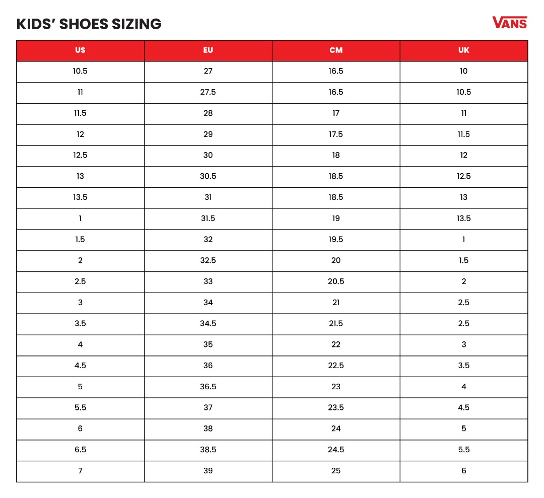 Vans Kids Shoe Size Vans Size Chart Men Toddler Shoes Size Chart