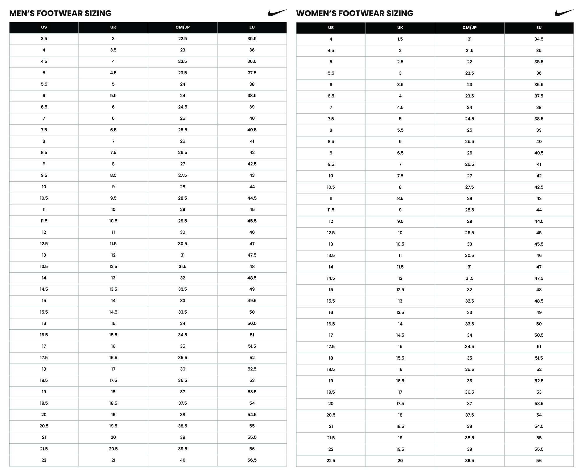 nike air max size chart women's