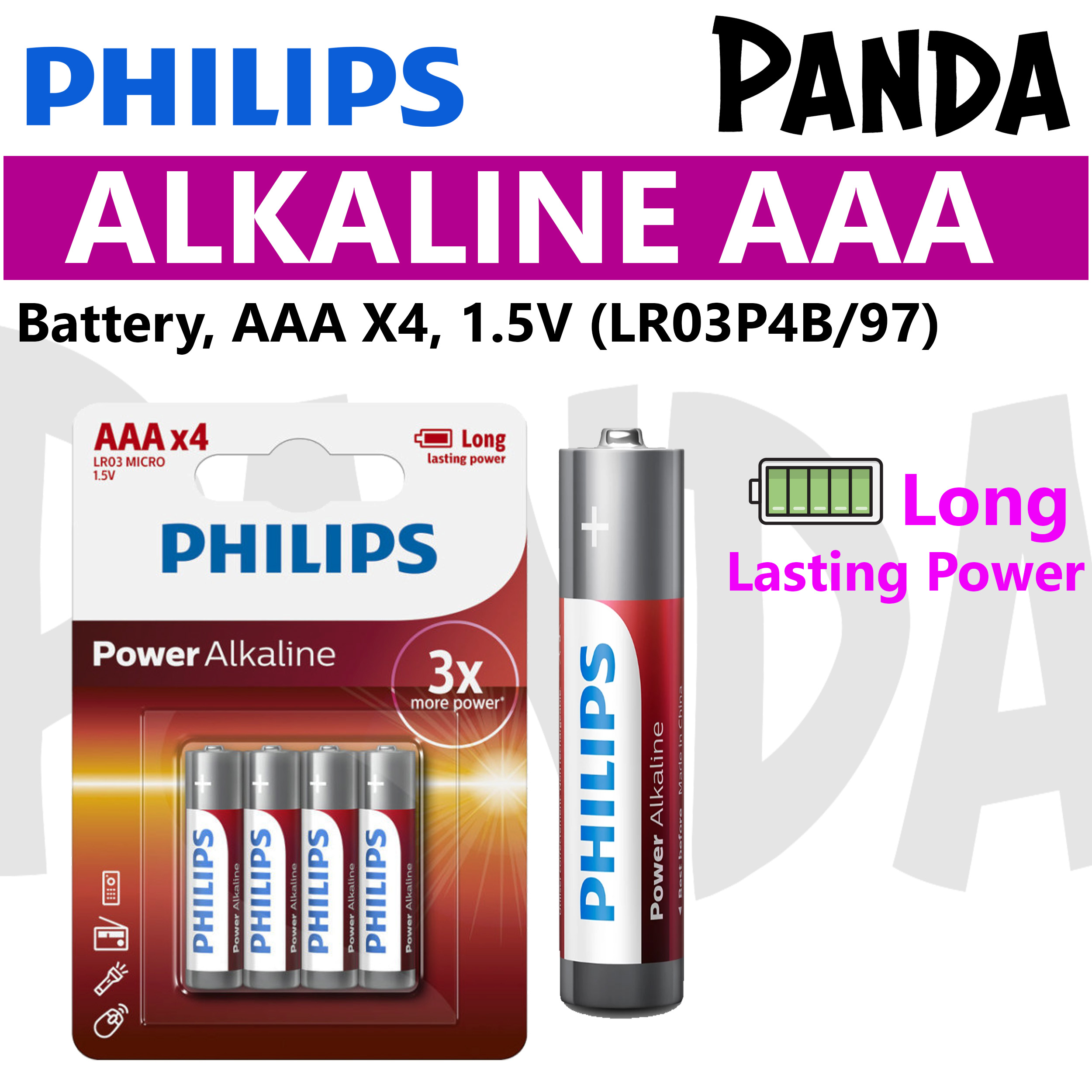 Philips Power Alkaline Battery, AAA x 2packs(8pcs), 1.5V (LR03P4B/97)