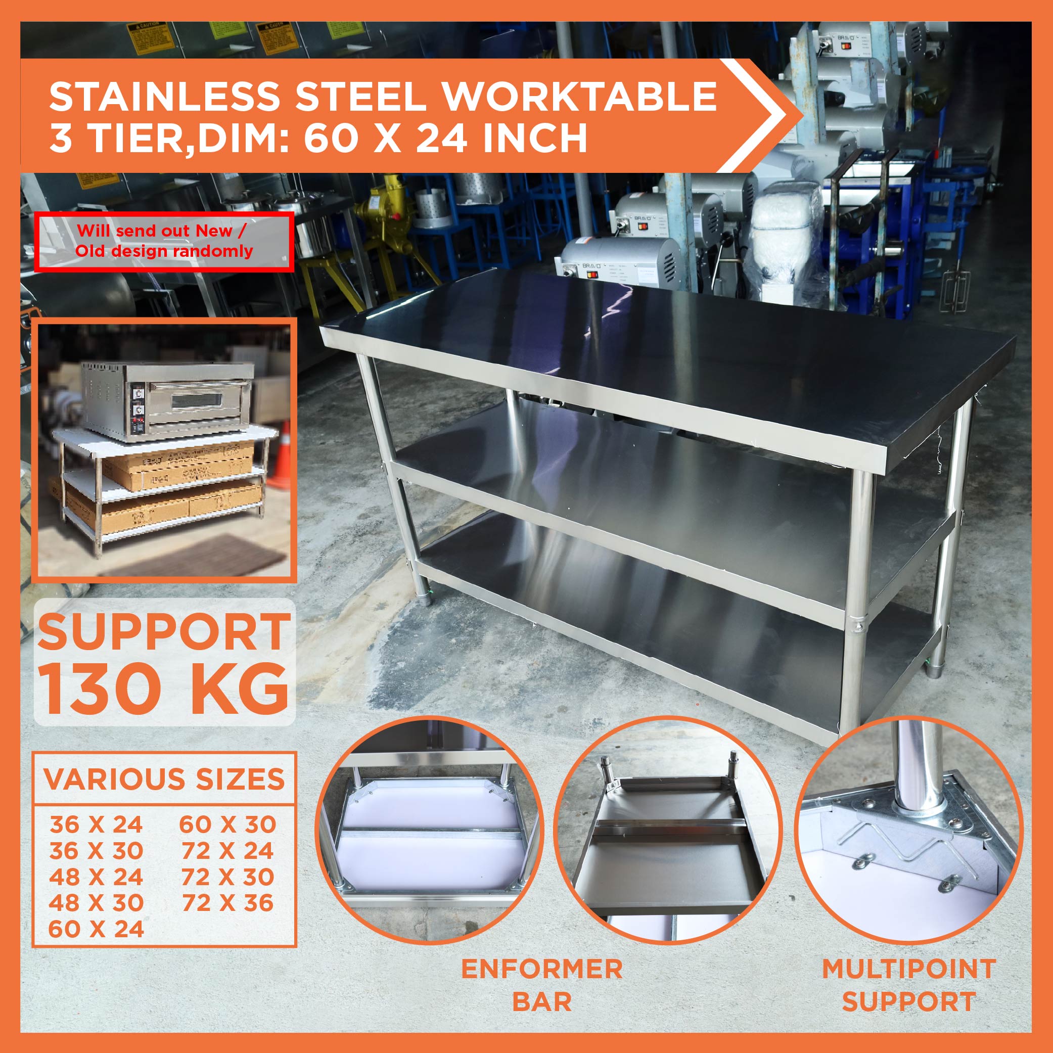 BRAVO [3 Layer 60x24 Inch] 5FTStainless Steel Table Kitchen Meja Steel ...