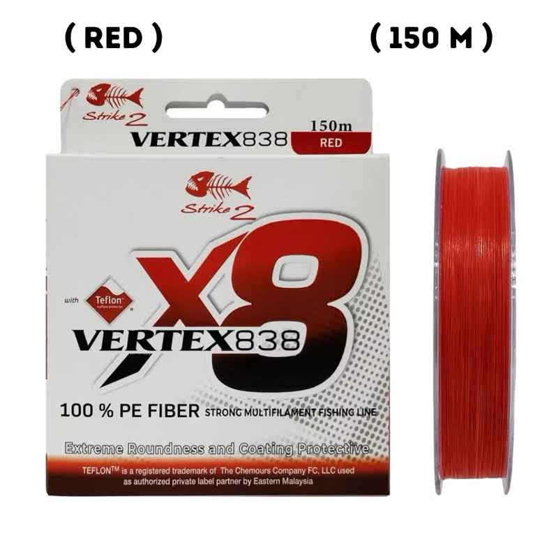 STRIKE2 Fishing Line VERTEX X8 Braided 150M Red & Green Braided 100% PE LINE Fishing Line Tali Panci