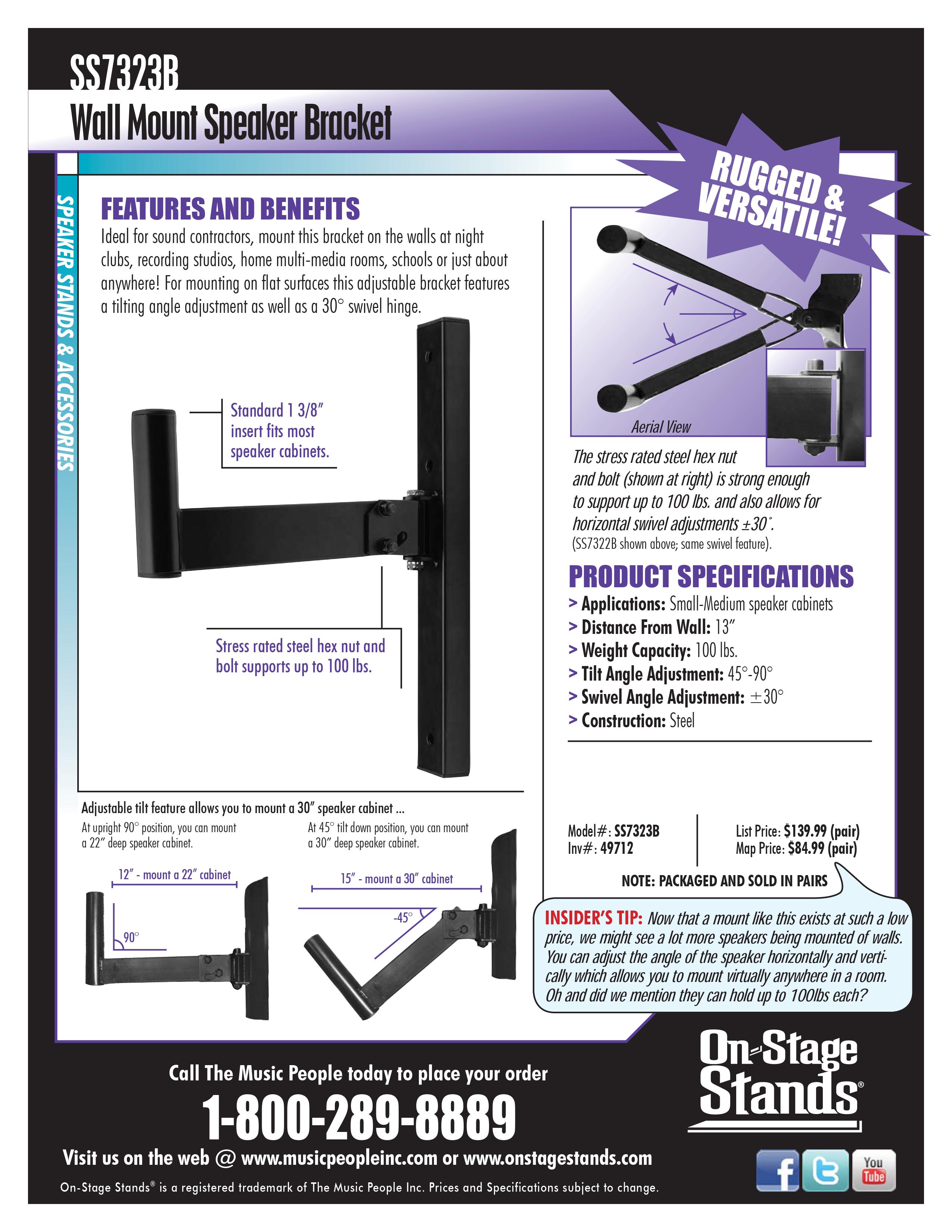 On Stage SS7323B Wall Mount Speaker Bracket (Pair) C&M Music