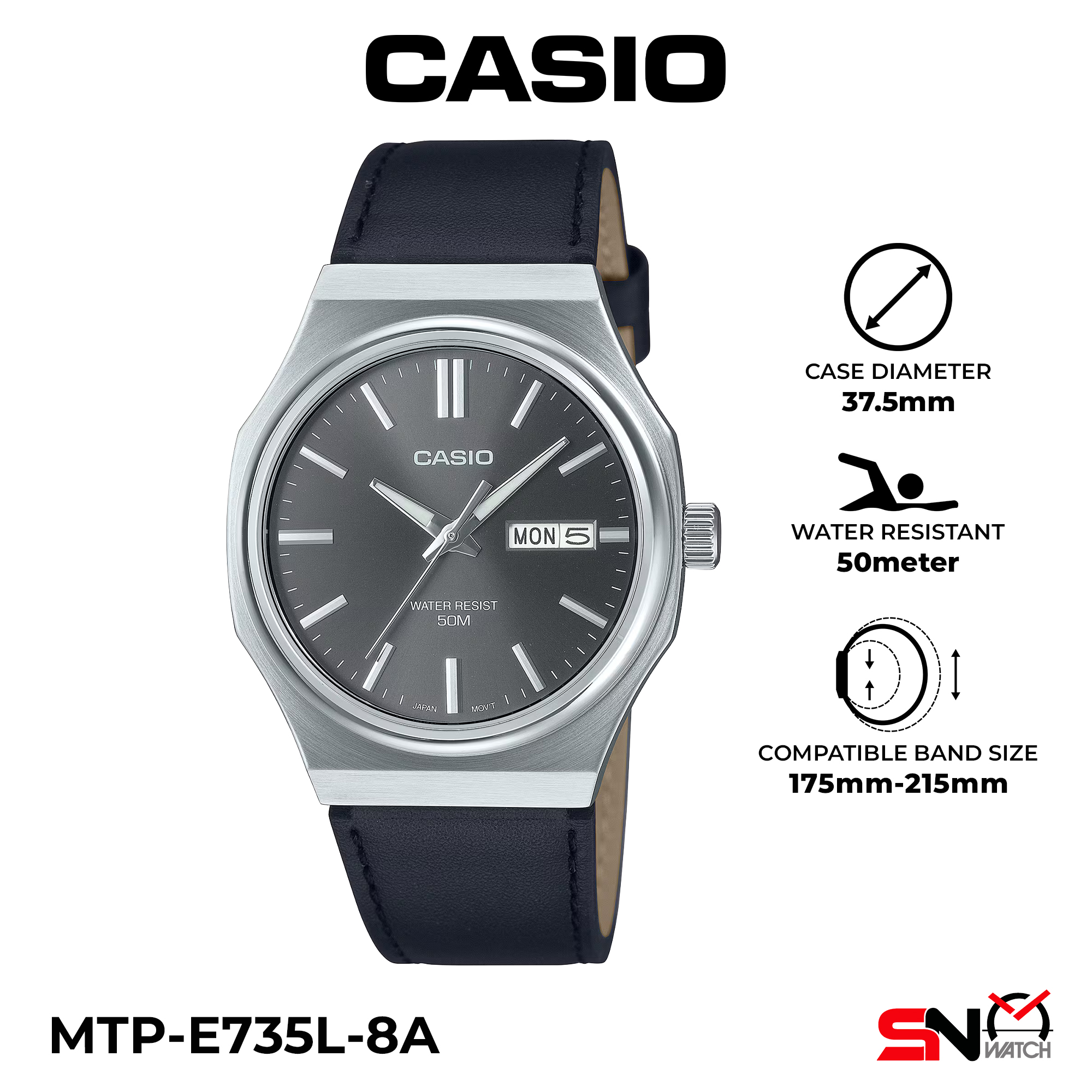 Casio Men Watch MTP-E735B MTP-E735D MTP-E735GL MTP-E735L Octagonal Case Day Date Display Men Watch