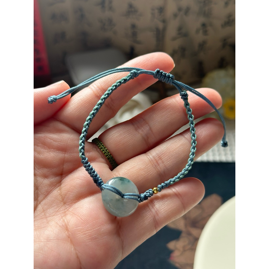 缅甸天然A货翡翠】翡翠蓝底飘花平安扣手工编织手绳Jadeite Blue Base