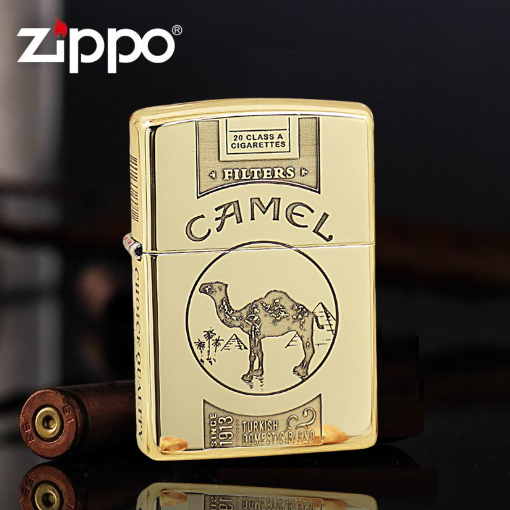 High Polished Gold Carved Camel Cigarette Case Zippo Lighter