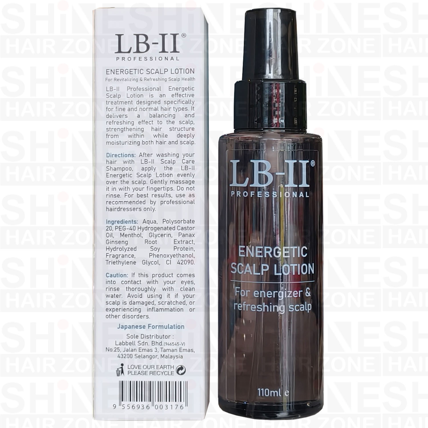 LB-II Energetic Scalp Lotion botol belakang dengan label dan ramuan