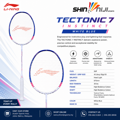 Li-Ning Tectonic 7 Instinct Badminton Racket – White Blue| Shin