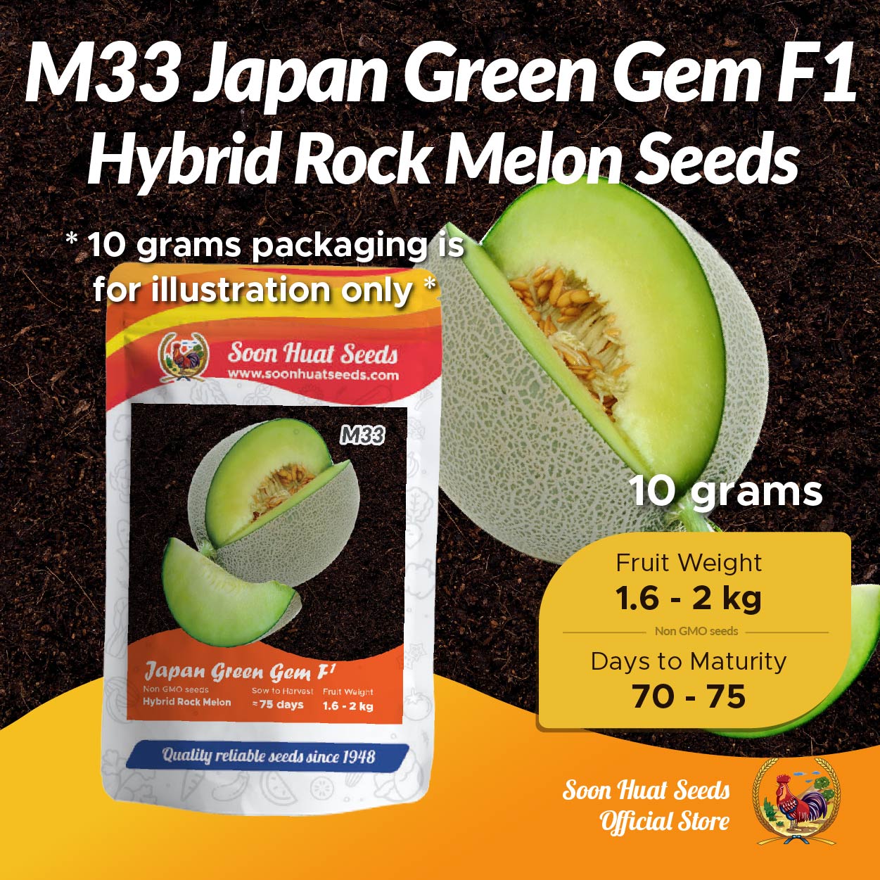 Benih Rock Melon F1 M33 Hybrid Japan Green Gem [450 seeds] Soon
