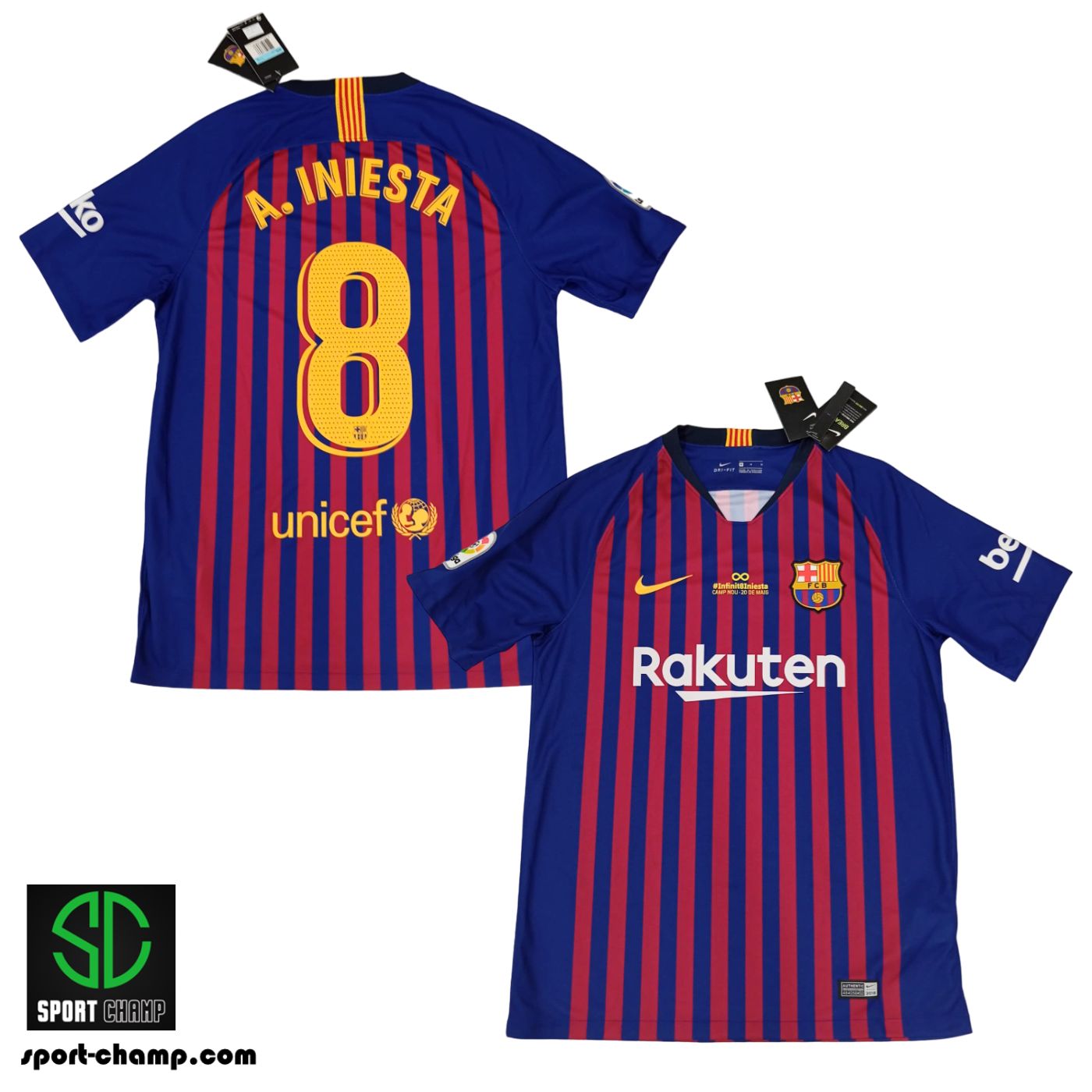 NIKE FC BARCELONA 18/19 HOME SHIRT WITH INIESTA 8 AND LA LIGA