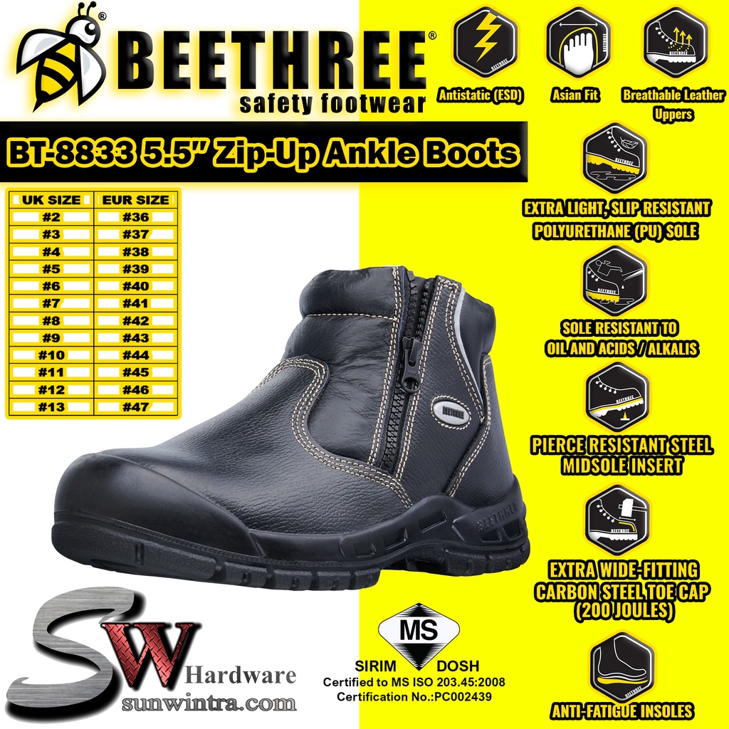 ビーツ BEETHREE BT8833 5.5INCHES ZIP-UP ANKLE BOOT SAFETY SHOES SAFETY