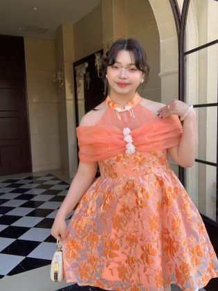 心玥|Xinyue Flower Jacquard Mess Cheongsam Off Shouder Dress (S