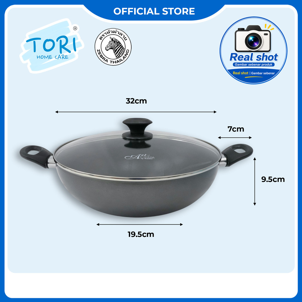 TORI HOME CARE™ ZEBRA Extreme Plus Non-Stick Wok 32cm Kuali Tak Melekat 2 Handles Glass Lid