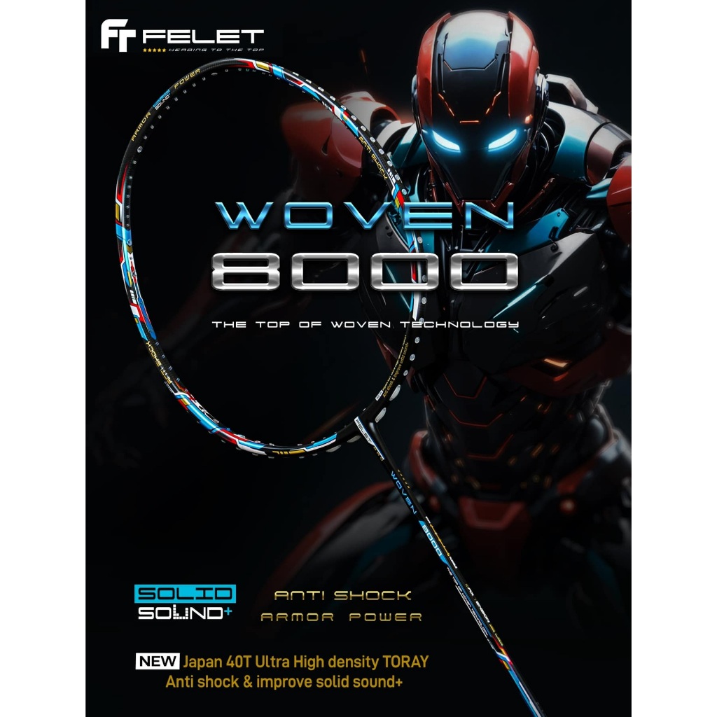 FELET WOVEN 8000 BADMINTON RACQUET: BLACK/BLUE 4U 100% Original by FLEET