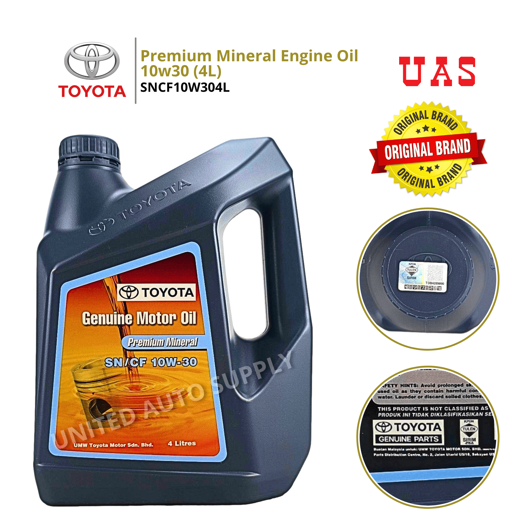 TOYOTA 10W30 Engine Oil SN/CF Genuine Premium Mineral 4 Litre