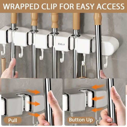 39cm Wall Mounted Multipurpose Hooks Mop Broom Holder Storage Rack Organizer