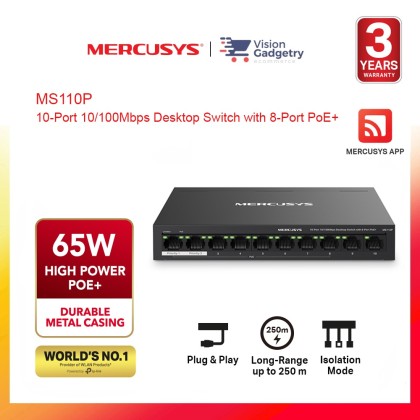 Mercusys MS110P 10-Port 10/100Mbps Desktop Switch with 8-Port PoE+ ...