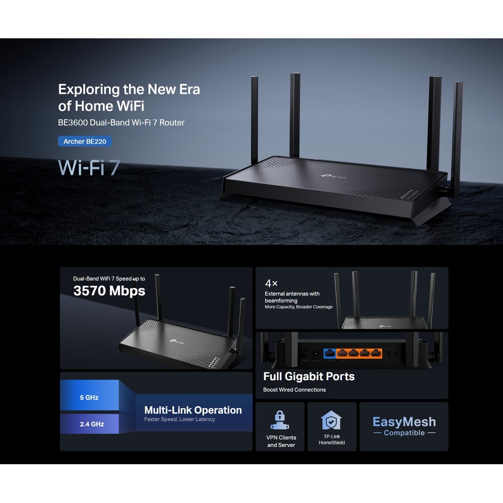 TP-Link Archer BE220 BE3600 Dual-Band Wi-Fi 7 Router | VGDC SDN BHD