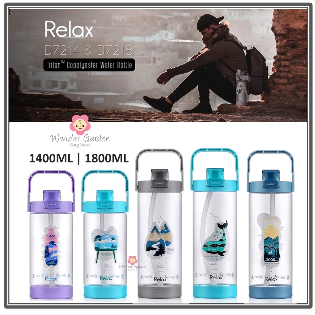RELAX D7200 SERIES TRITAN WATER BOTTLES WITH STRAW (Botol Air Tritan Berstraw | D7214_1400ML | D7218